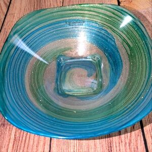 NEW IL QUADRIFOGLIO Art Glass Bowl Blue Green Swirl Silver Bottom Hand Decorated